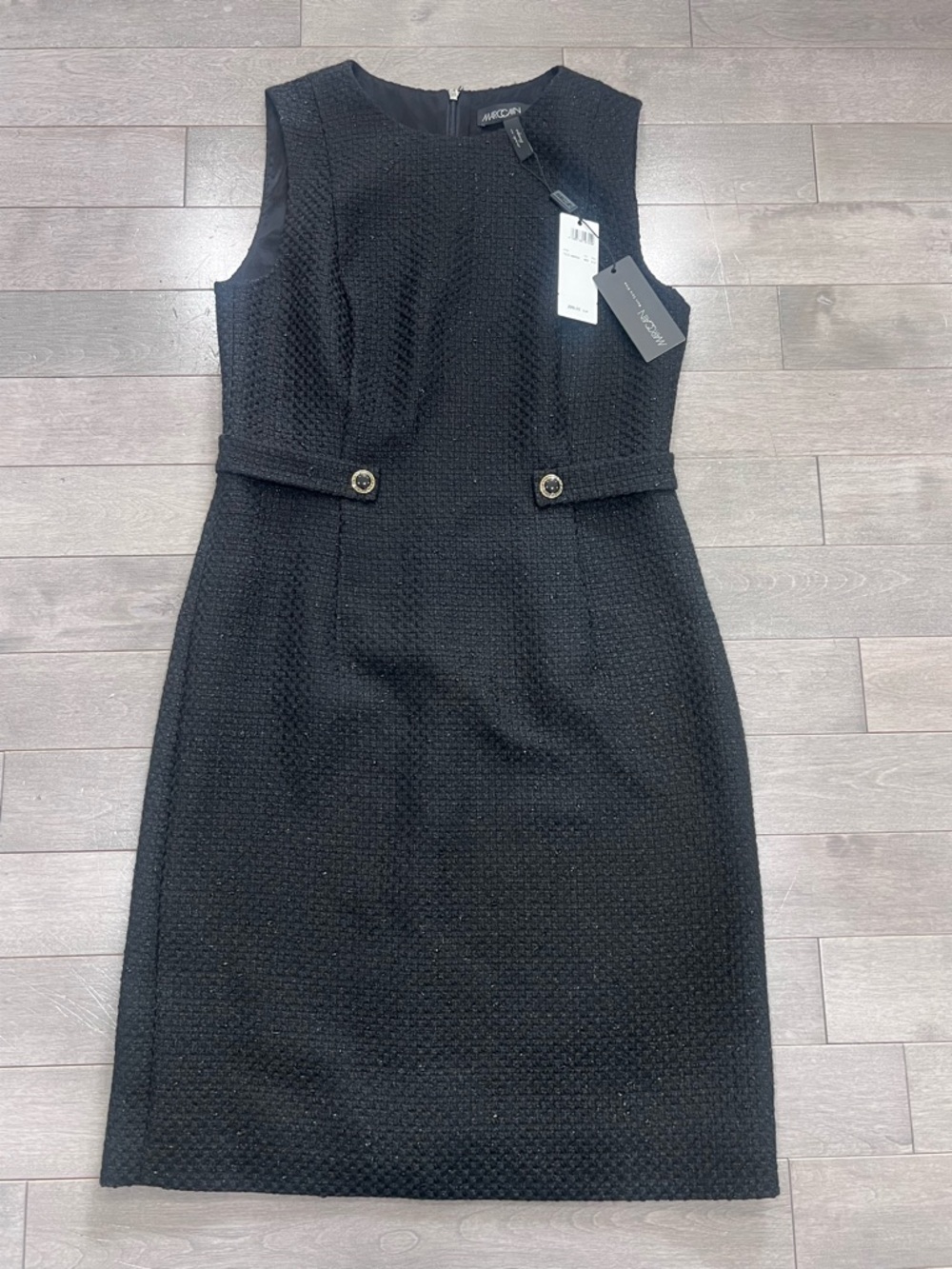 NWT Marc Cain Black Tweed Sheath Dress, Gold Jewel Buttons, Size 8